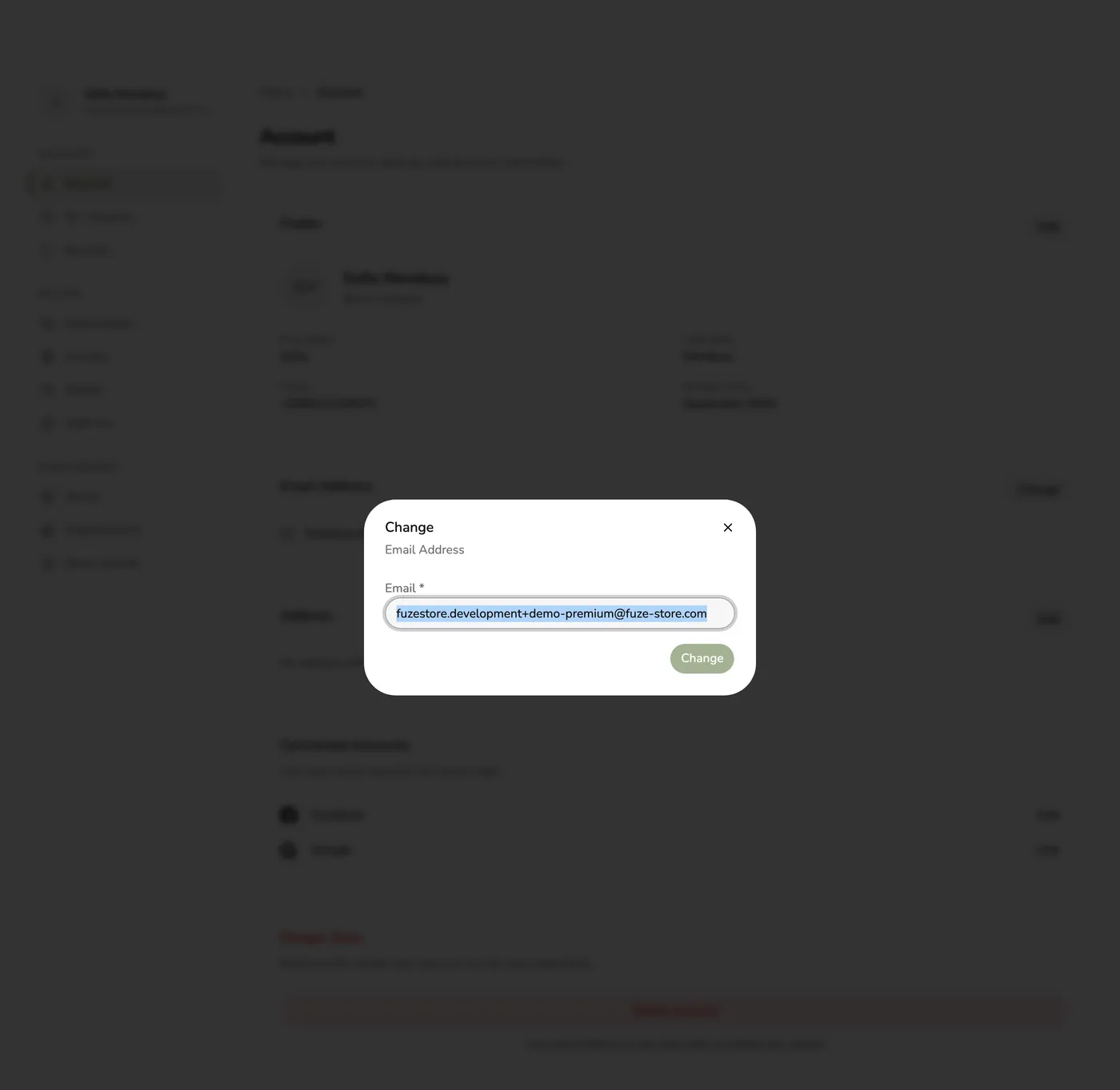 The Change Email Address dialog in Fuze Store with a single Email field