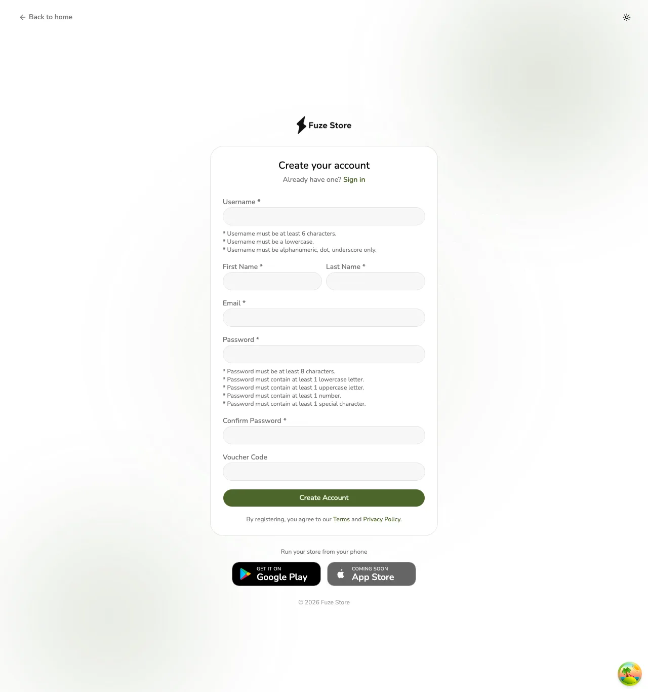 The Fuze Store registration form with Username, First Name, Last Name, Email, Password, Confirm Password, and Voucher Code fields