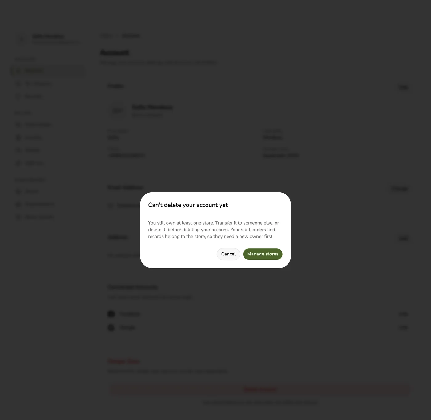 A dialog in Fuze Store explaining the account cannot be deleted while it still owns a store, with a Manage stores button