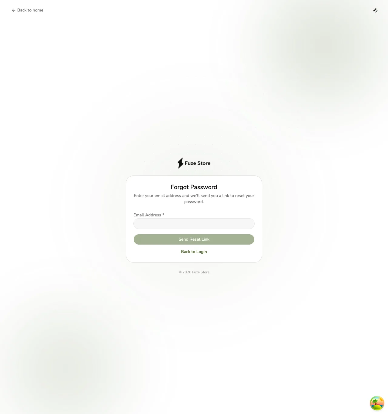 The Forgot Password page in Fuze Store with an email field to request a reset link
