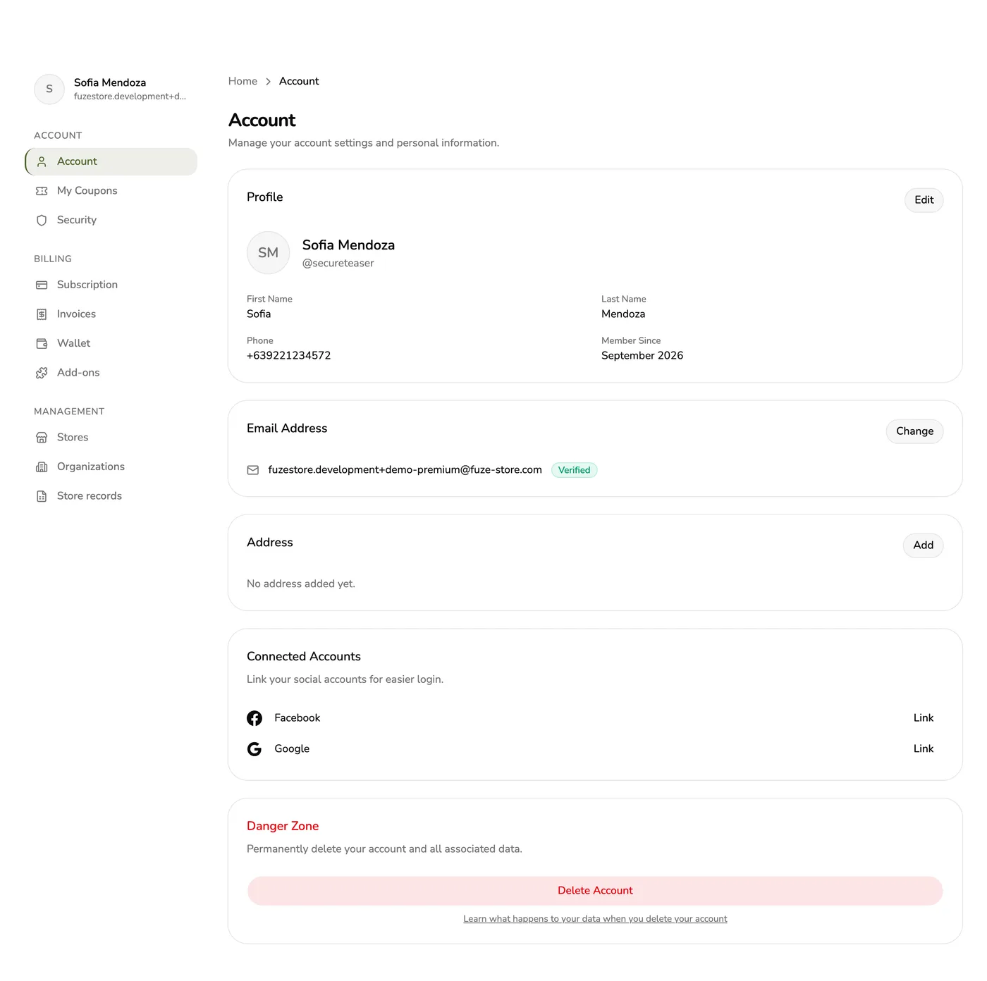 The Connected Accounts section on the Account page in Fuze Store, showing Facebook and Google rows each with a Link action