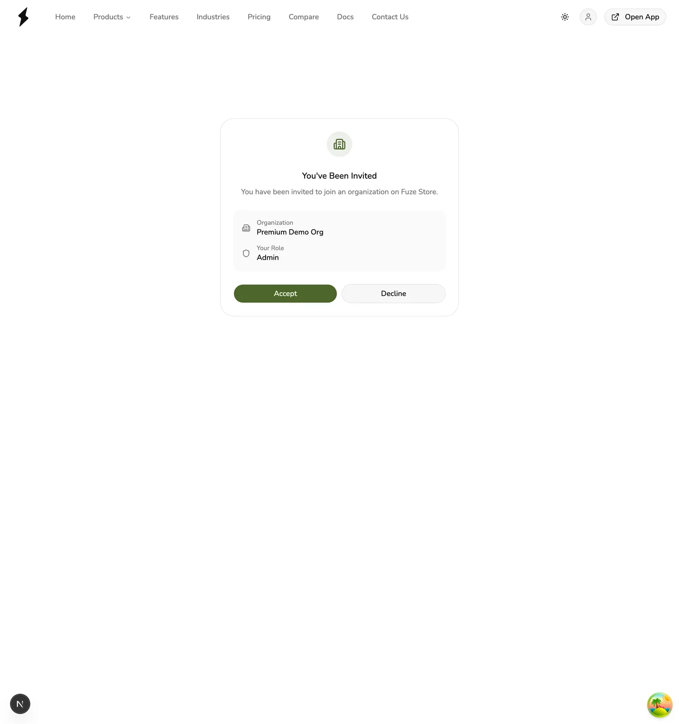 The organization invitation preview page in Fuze Store, showing the organization name, the invitee's role, and Accept / Decline buttons