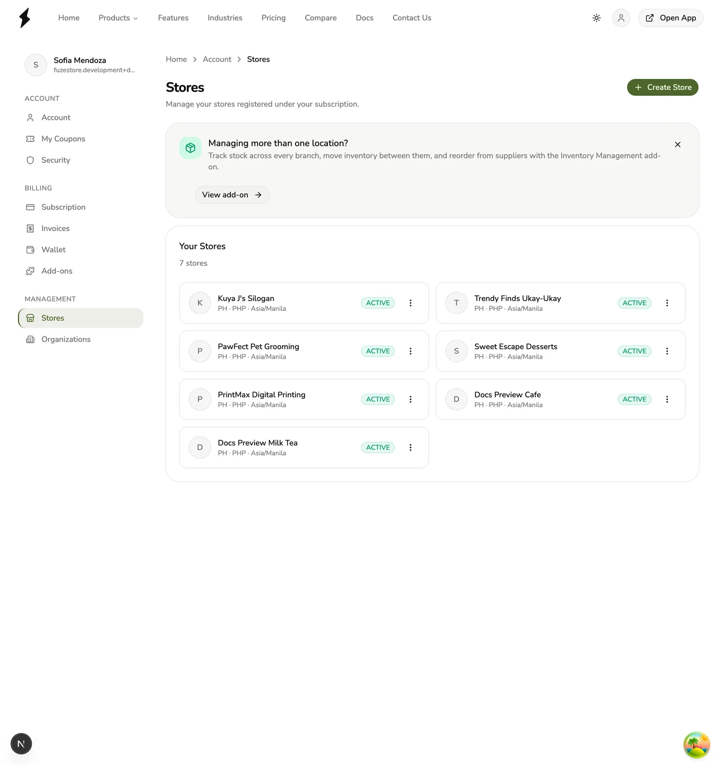 The Stores page in Fuze Store listing every store on the account with a Create Store button and an Inventory add-on banner