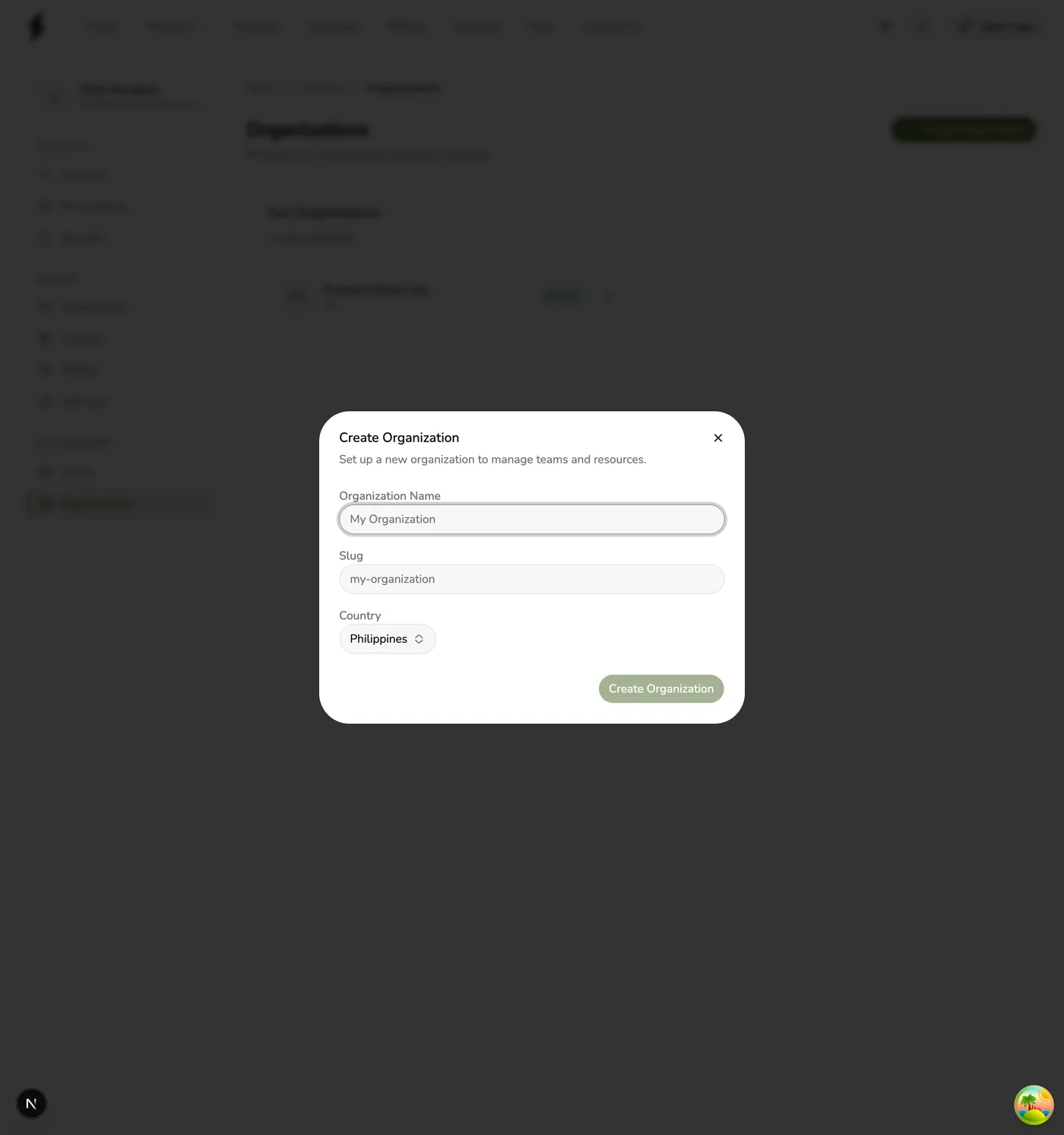The Create Organization dialog in Fuze Store with Organization Name, Slug, and Country fields
