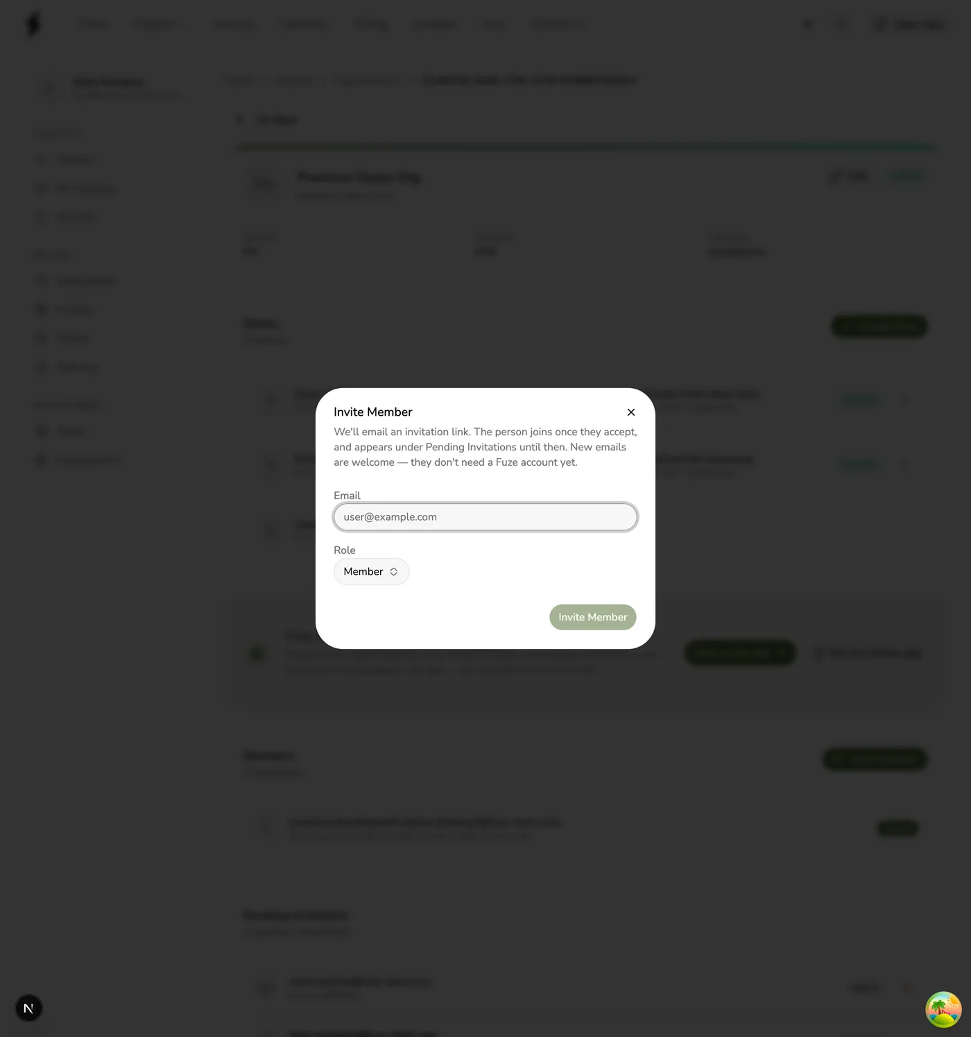 The Invite Member dialog in Fuze Store with an Email field and a Role picker