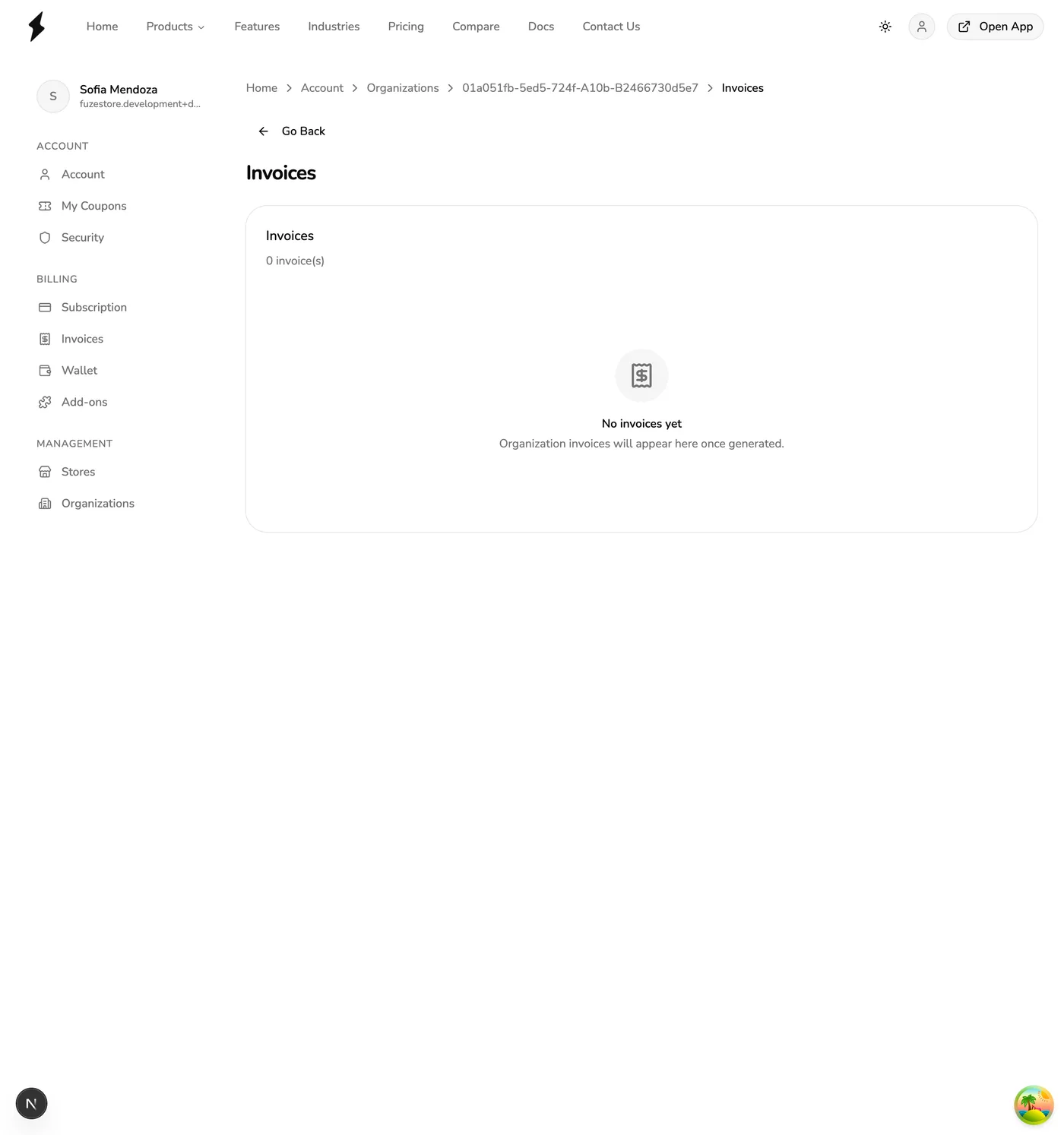 The Organization Invoices page in Fuze Store showing an empty state before any invoices have been generated