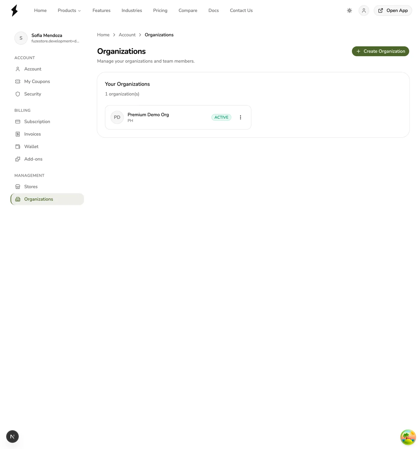 The Organizations page in Fuze Store listing one active organization