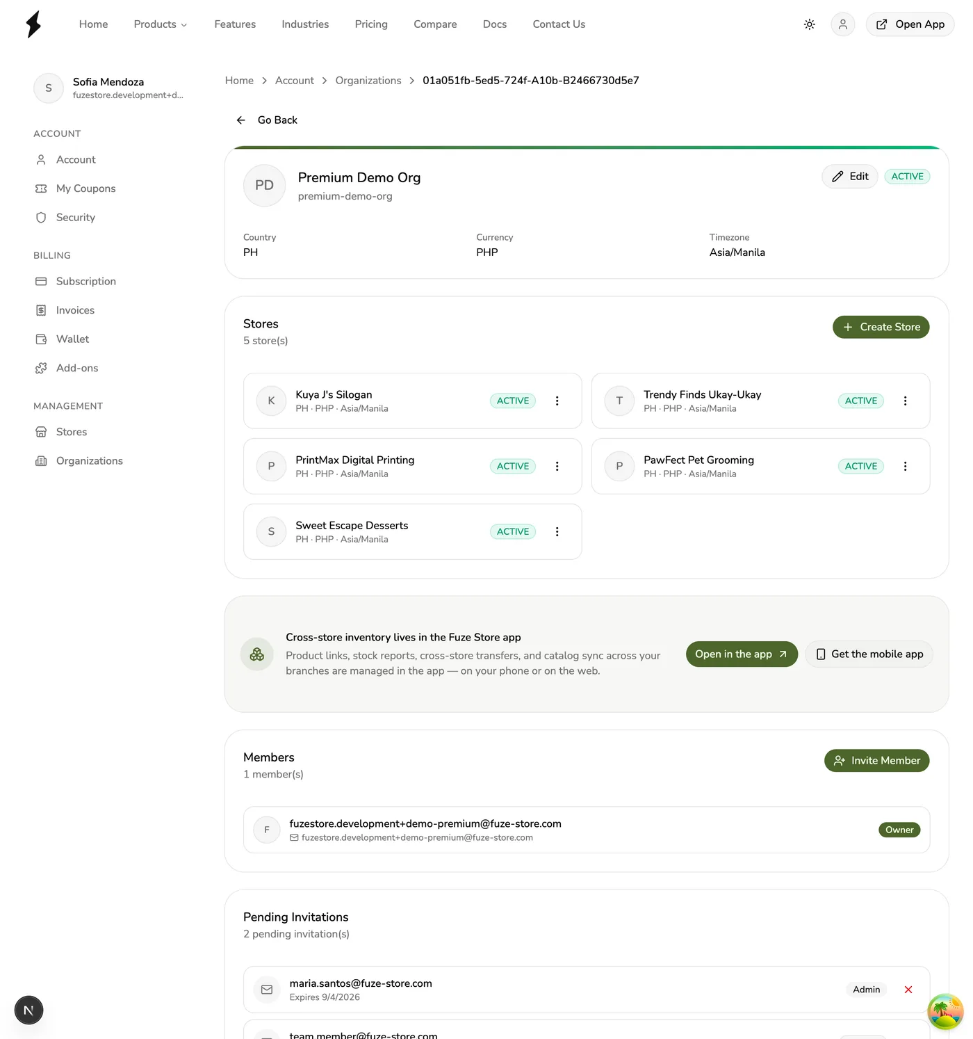 An organization detail page in Fuze Store showing its stores, a cross-store inventory banner, members, and pending invitations