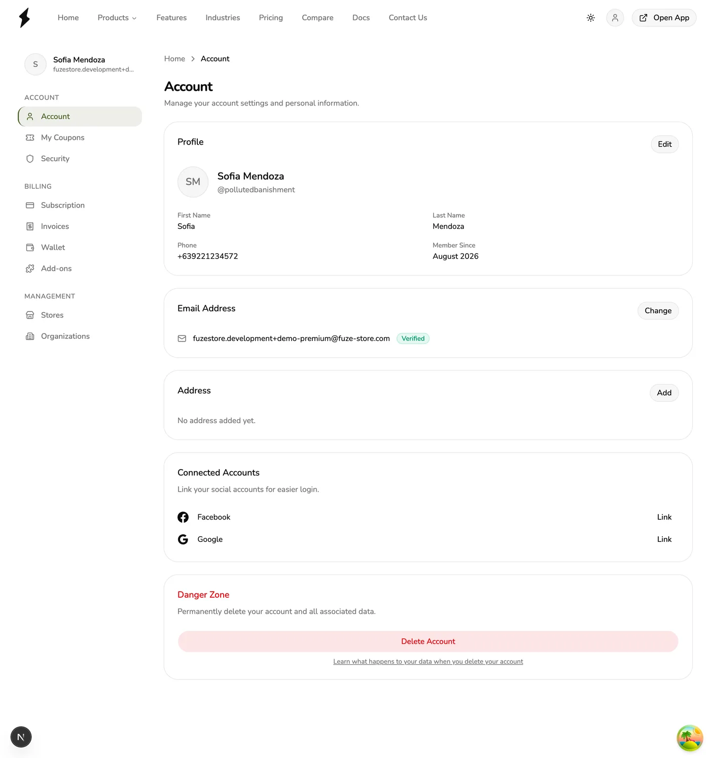 The Account page in Fuze Store showing Profile, Email Address, Address, Connected Accounts, and Danger Zone sections