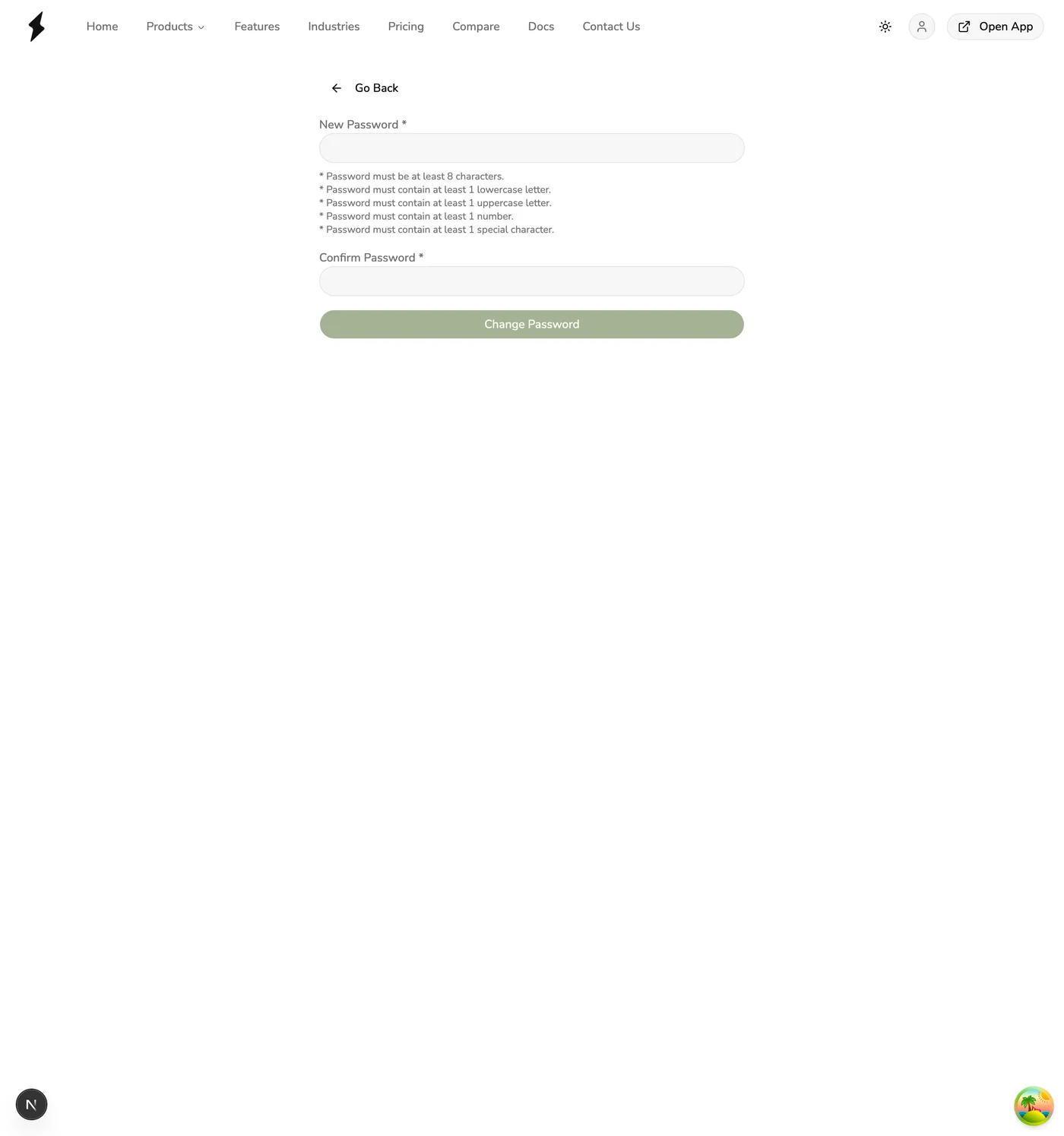 The Change Password form in Fuze Store with New Password and Confirm Password fields and the password requirements listed