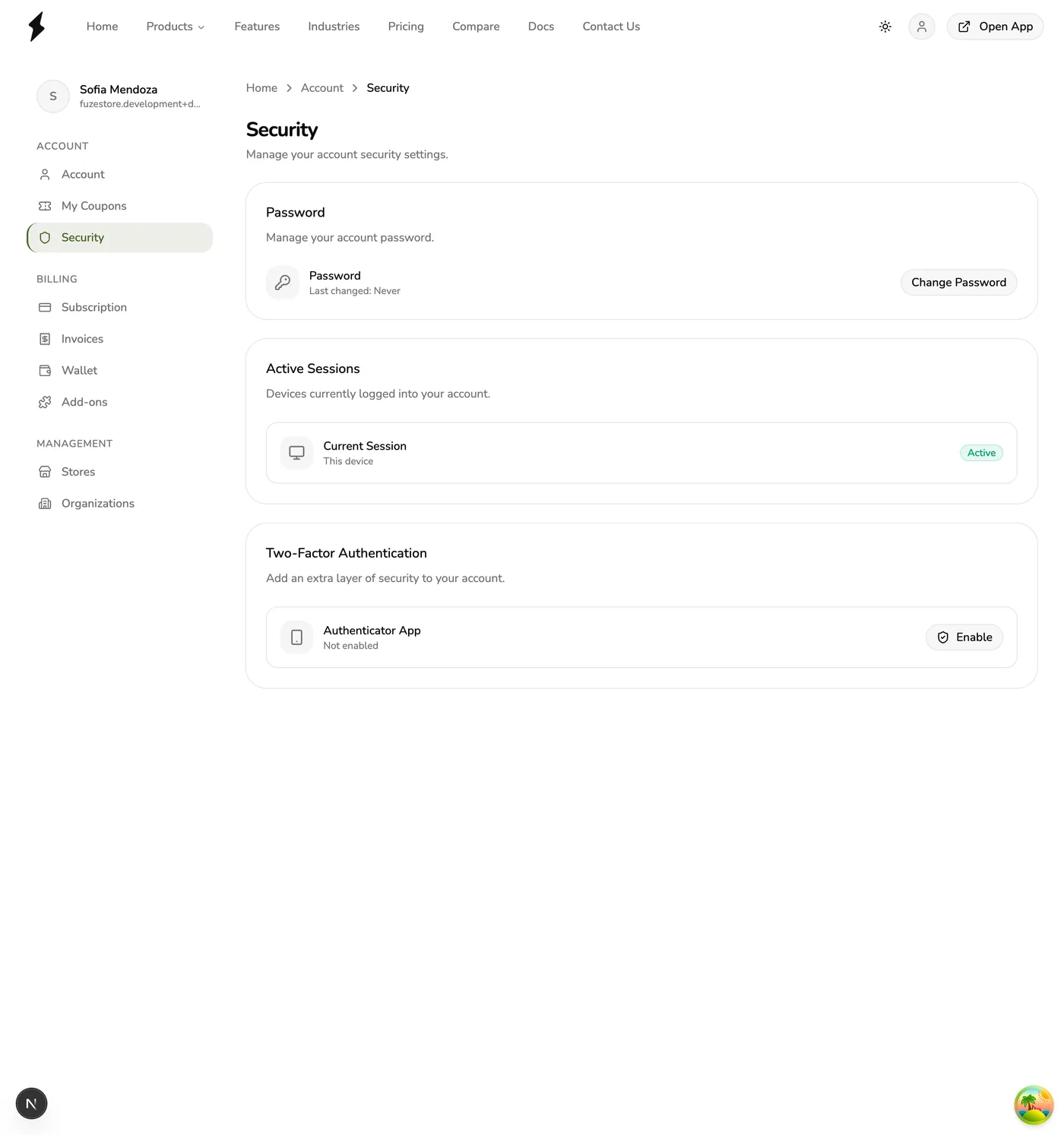 The Security page in Fuze Store showing Password, Active Sessions, and Two-Factor Authentication sections