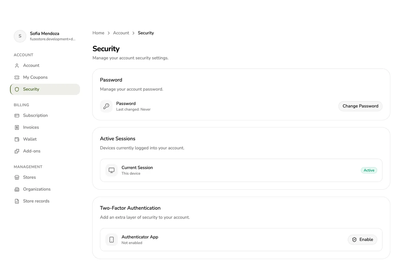 The Security screen in the Fuze Store app showing Two-factor authentication