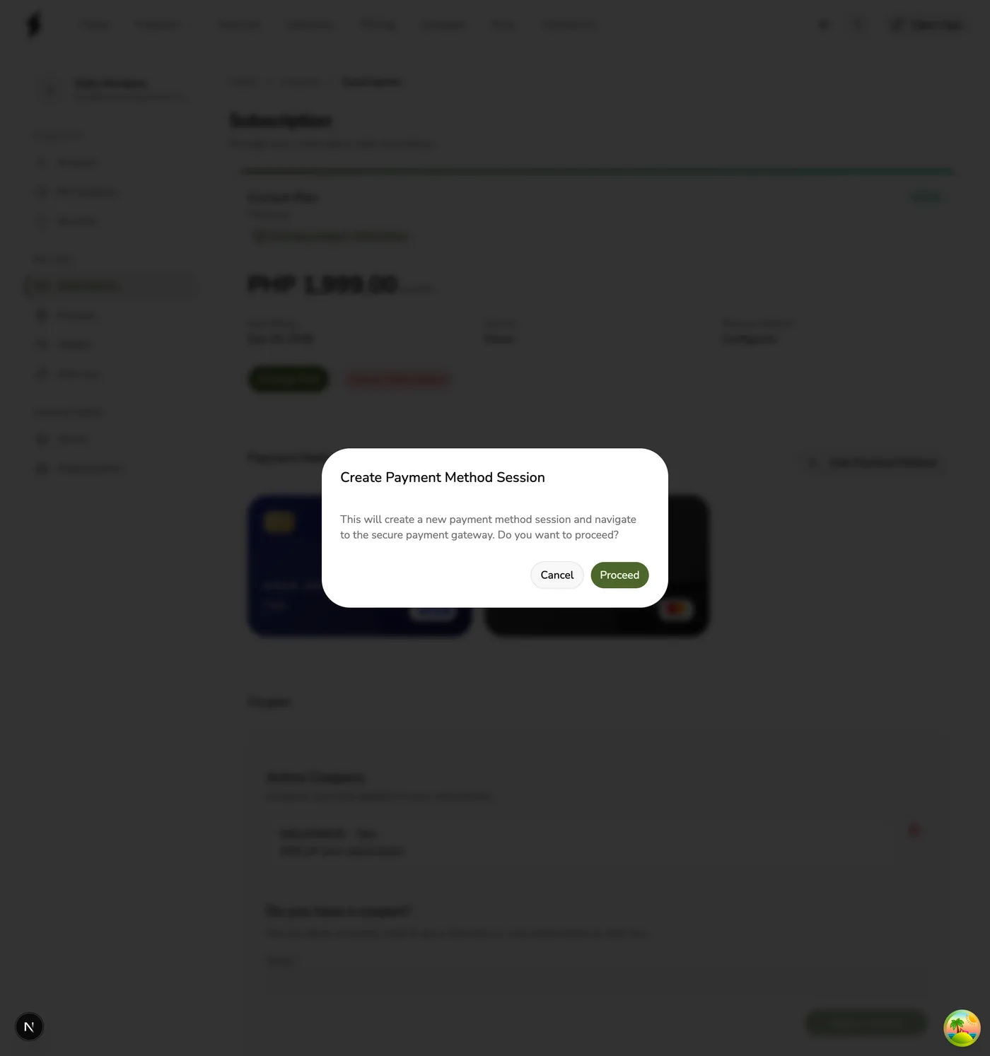 The Create Payment Method Session confirmation dialog in Fuze Store before navigating to the secure card-entry page