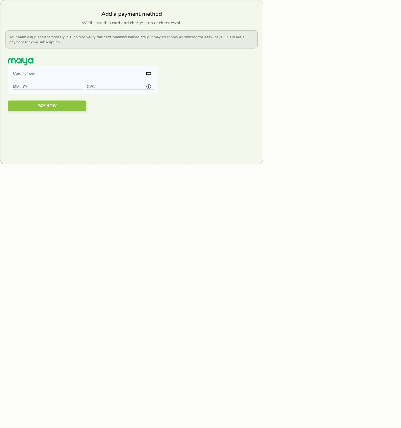 The secure card-entry page for adding a payment method, showing card number, expiry, and CVC fields