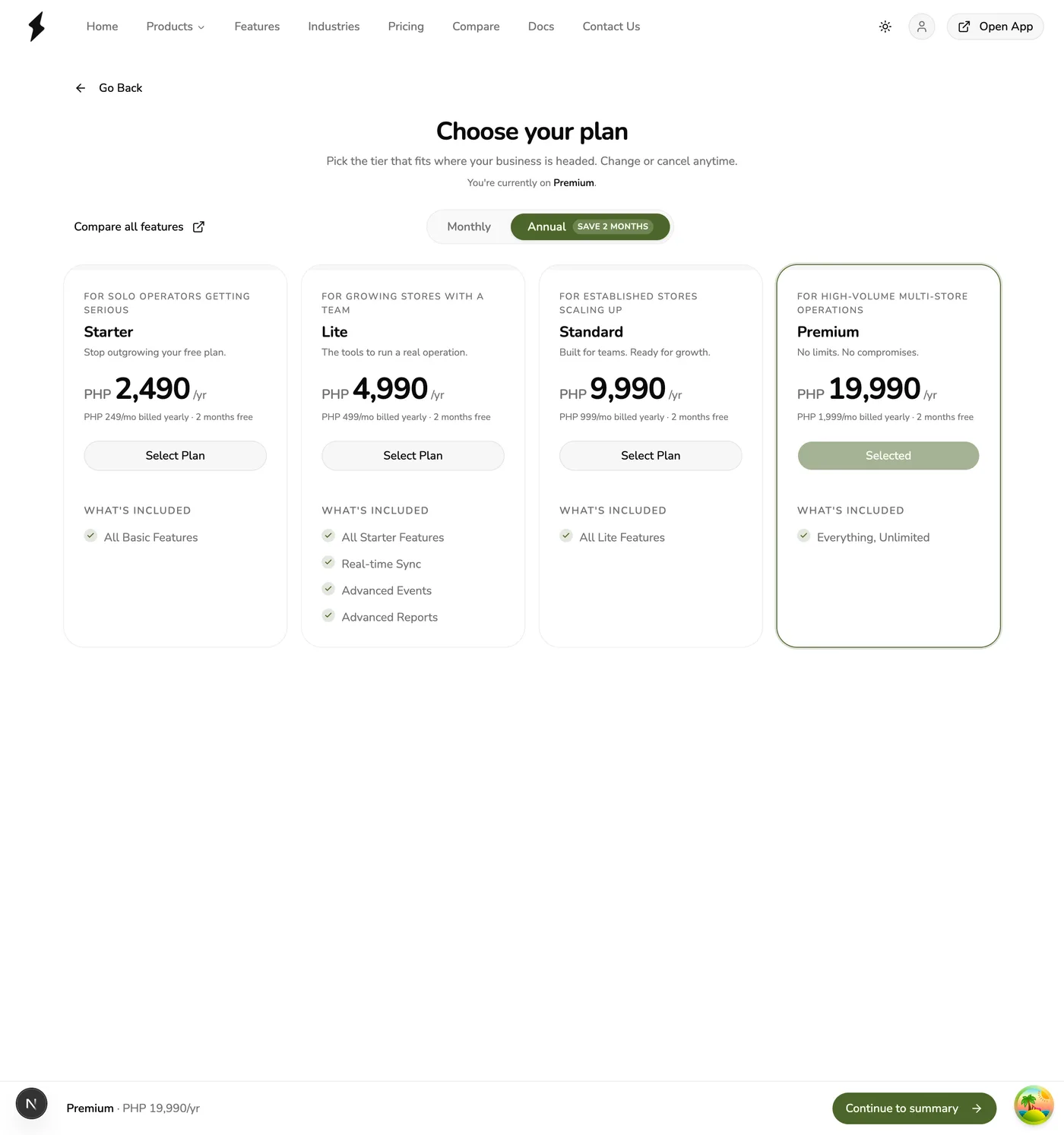The Choose Plan screen with Annual billing selected, showing each plan's yearly price and the Save 2 months badge