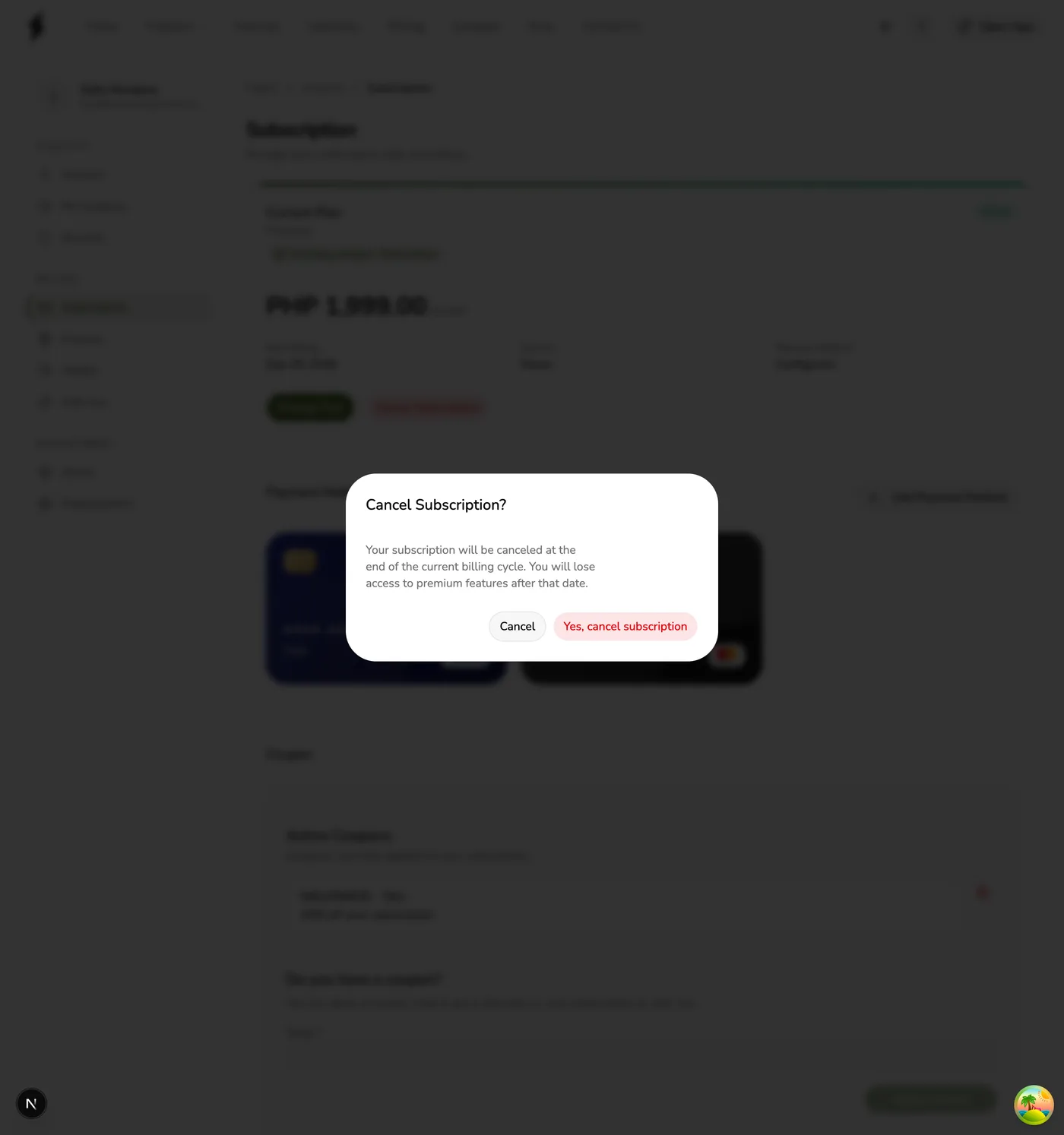 The Cancel Subscription confirmation dialog in Fuze Store, explaining that access continues until the end of the current billing cycle