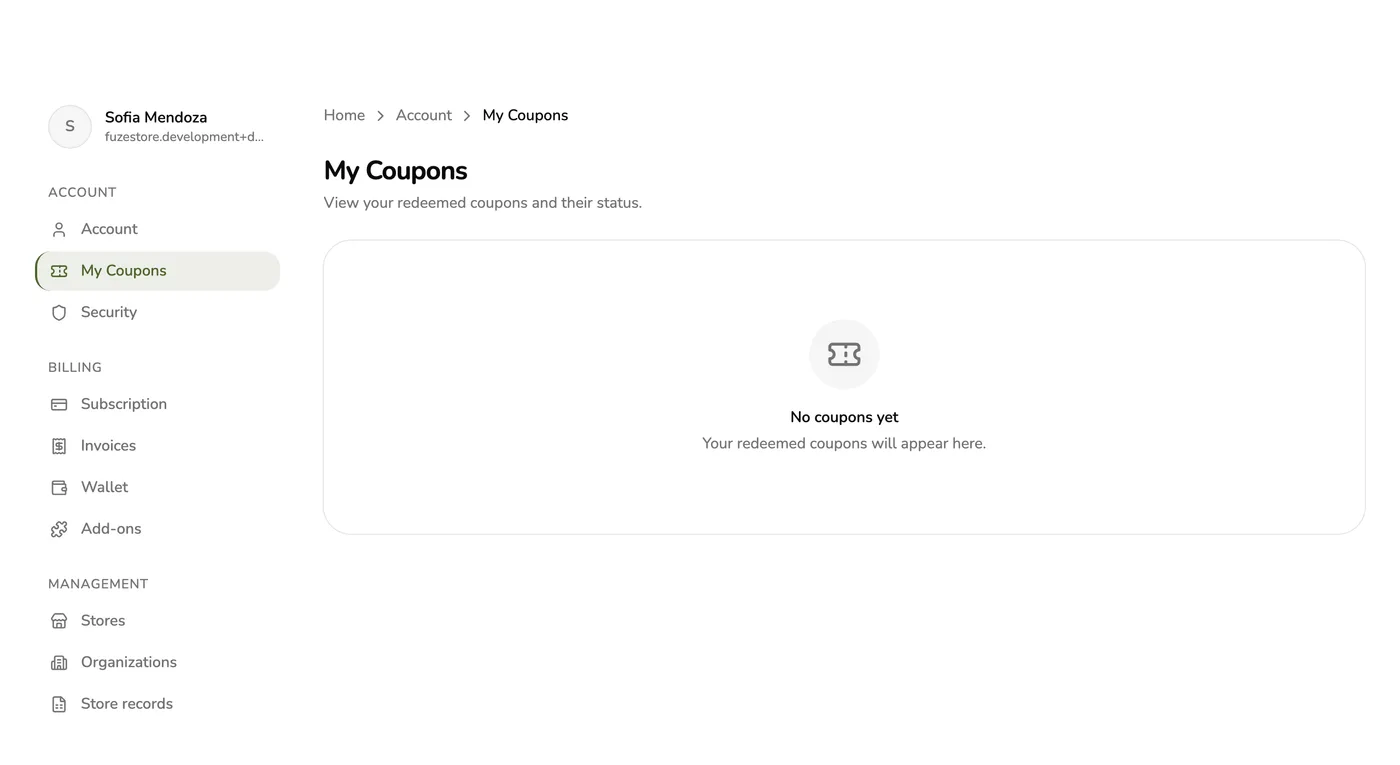 The My Coupons list in the Fuze Store app