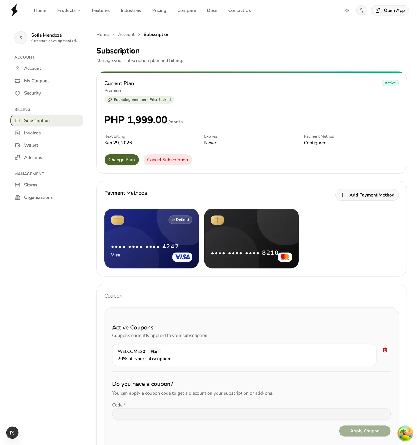 The Subscription page in Fuze Store showing the current Premium plan, two saved payment methods, an active coupon, and recent invoices