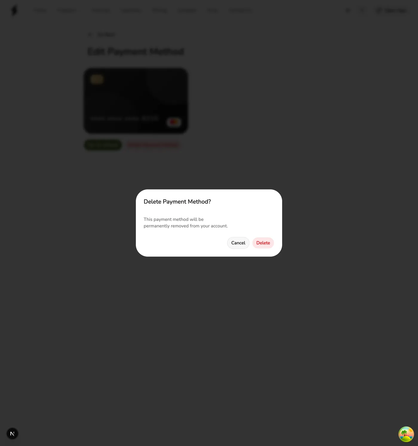 The Delete Payment Method confirmation dialog in Fuze Store