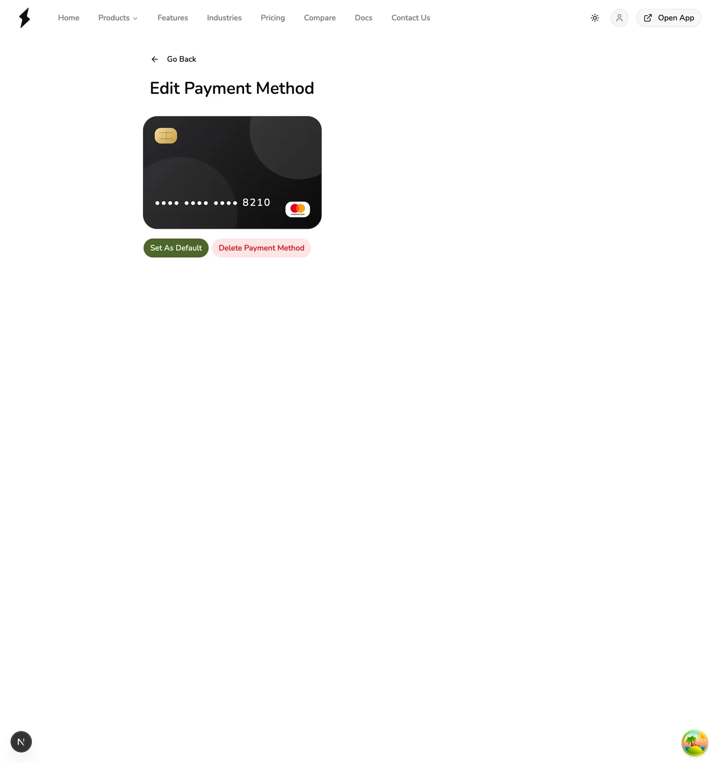 The Edit Payment Method page in Fuze Store showing a saved Mastercard with Set As Default and Delete Payment Method buttons