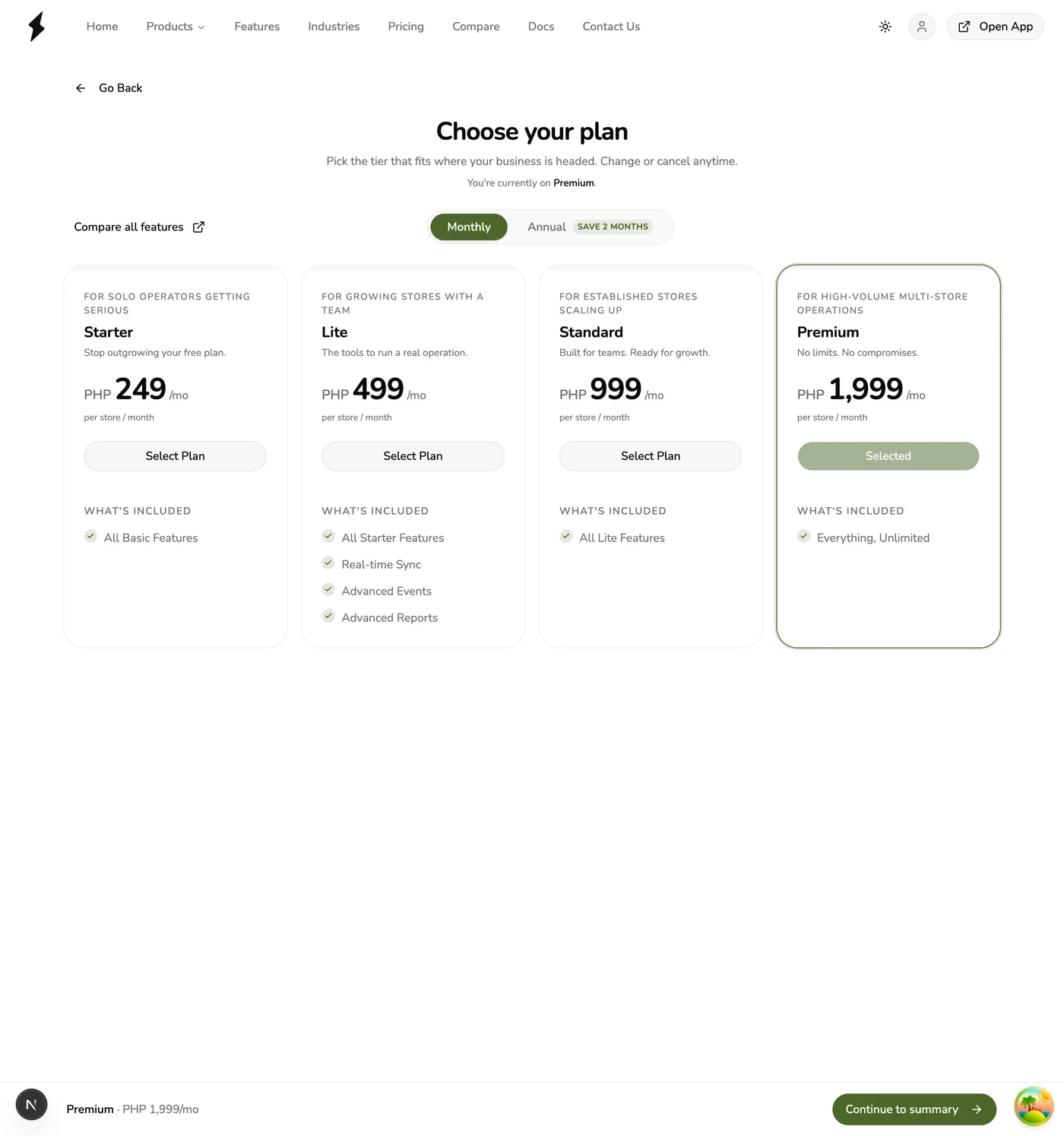 The Choose Plan screen in Fuze Store showing Starter, Lite, Standard, and Premium plan cards with a Monthly/Annual billing toggle
