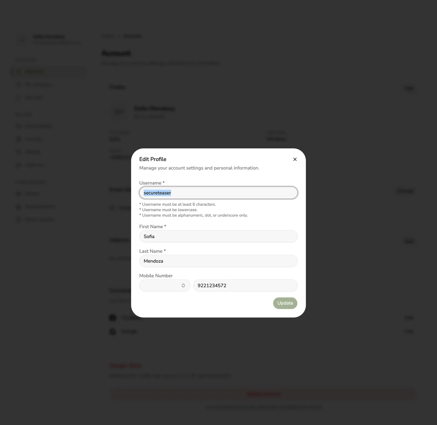 The Edit Profile dialog in Fuze Store with Username, First Name, Last Name, and Mobile Number fields
