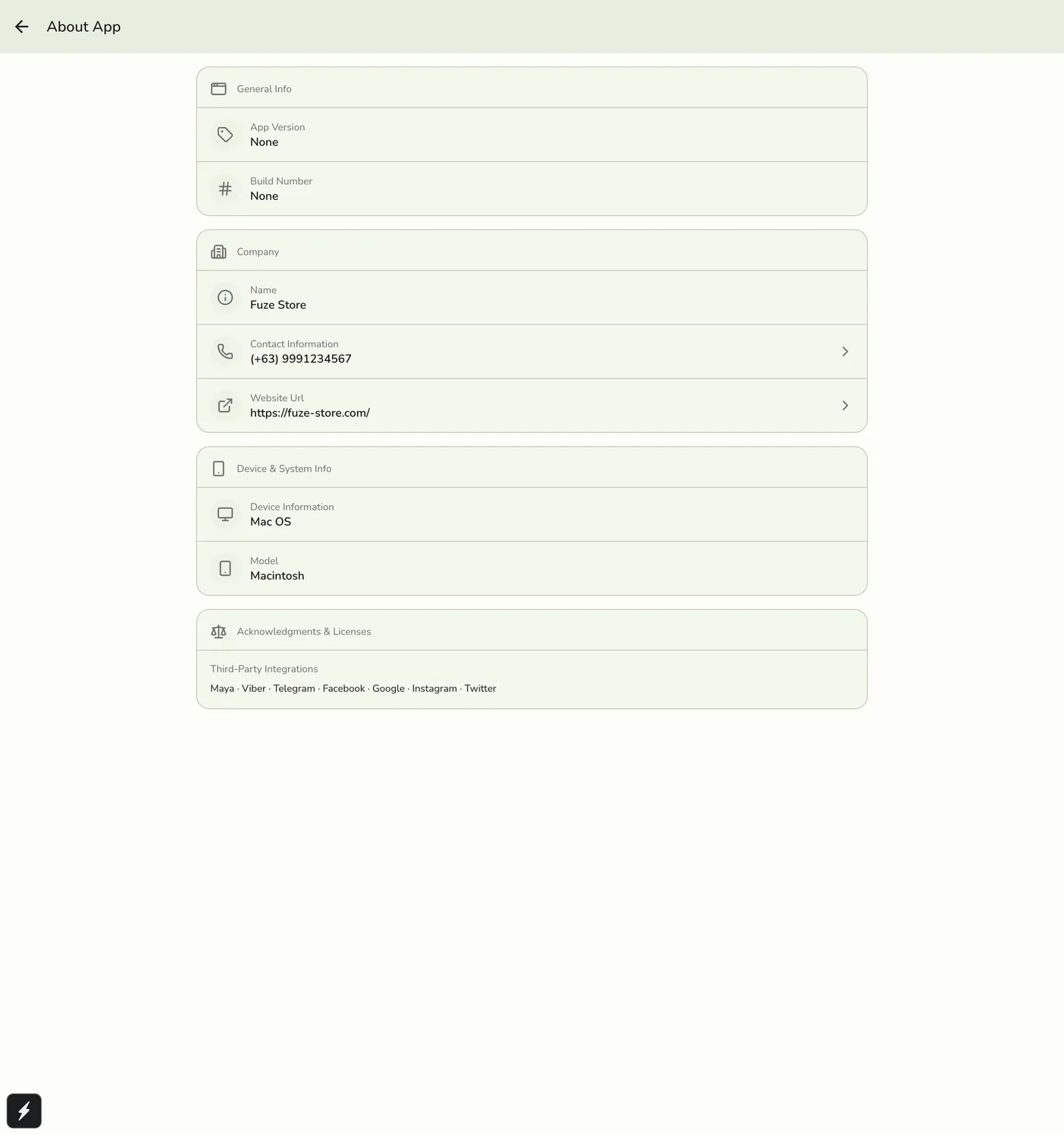 The About App screen in Fuze Store showing General Info, Company, Device & System Info, and Acknowledgments & Licenses sections