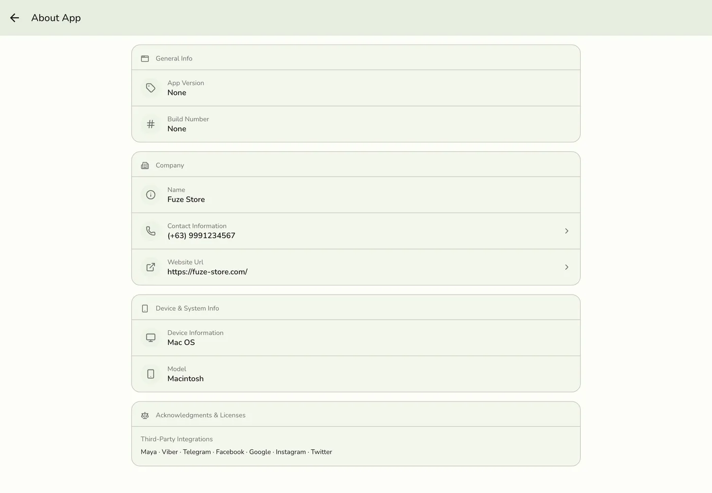 The About App page
