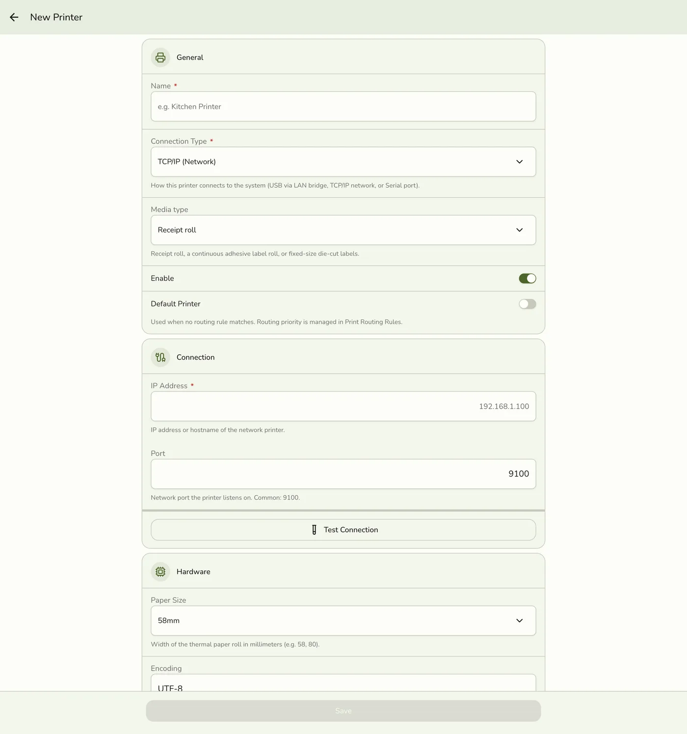 The New Printer form in Fuze Store, defaulted to a TCP/IP (Network) connection with IP Address and Port fields