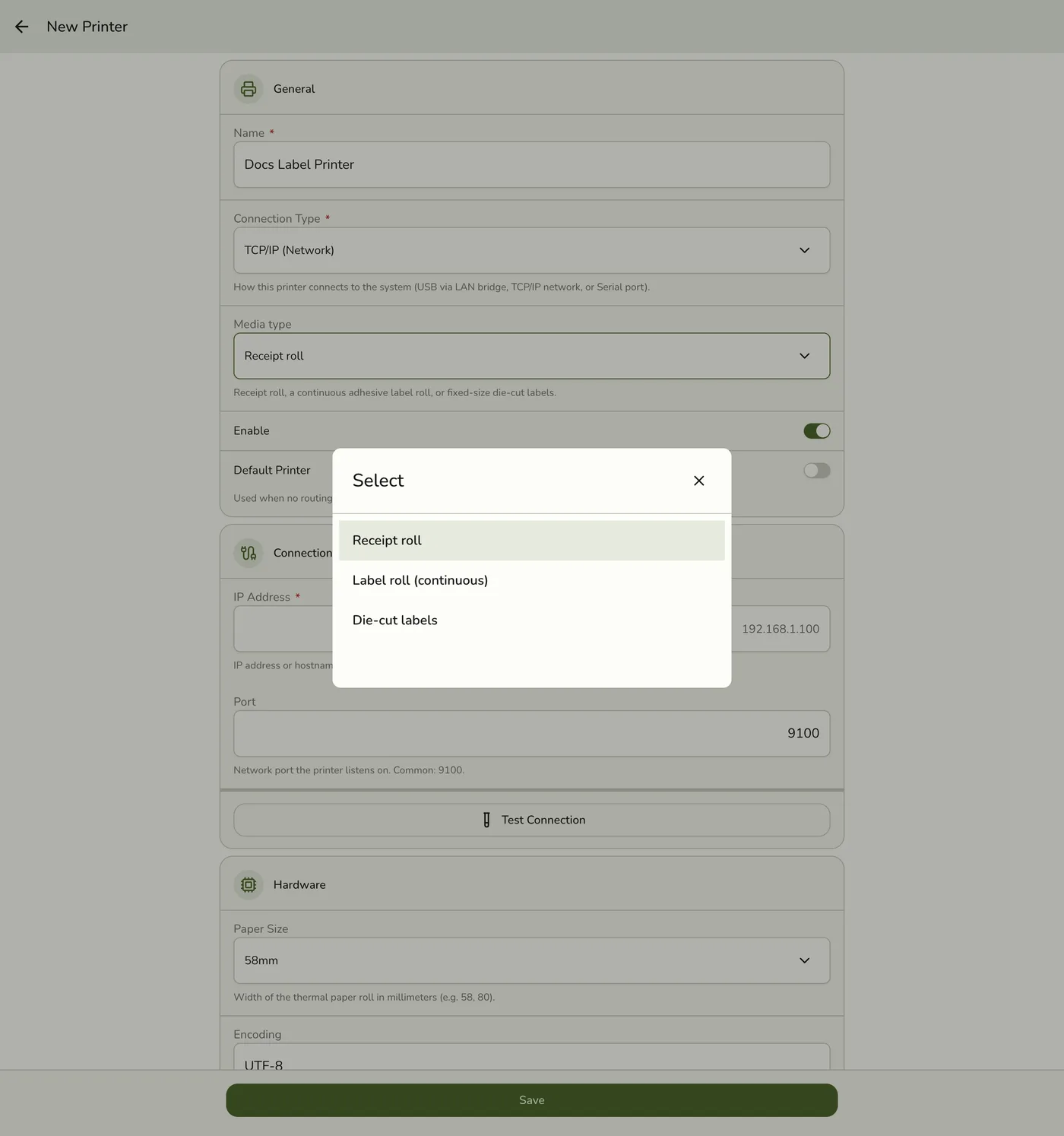 The New Printer form in Fuze Store with the Media type picker open, choosing between Receipt roll and Die-cut labels