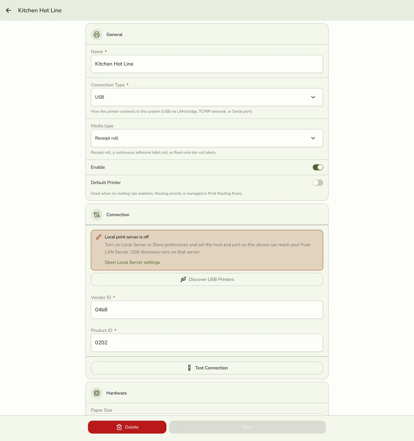 The New Printer form in Fuze Store set to a USB connection type, with Discover USB Printers and Vendor ID / Product ID fields