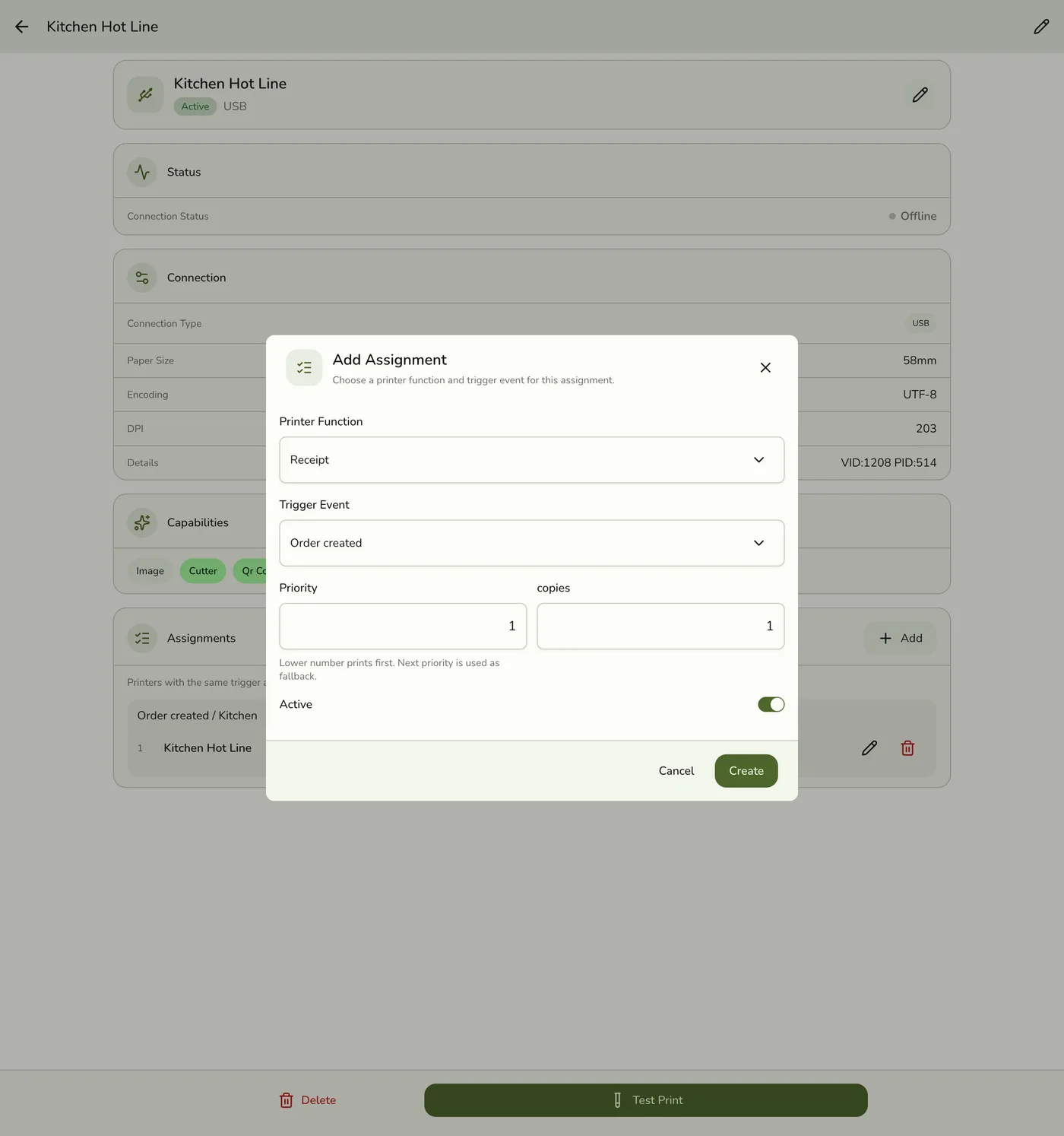 The Add Assignment dialog in Fuze Store, showing Printer Function, Trigger Event, Priority, and Copies fields for a routing rule