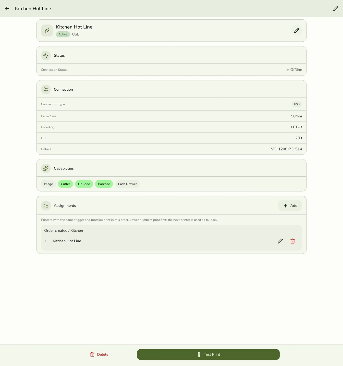 A printer detail screen in Fuze Store, showing an Order created / Kitchen routing rule in the Assignments section