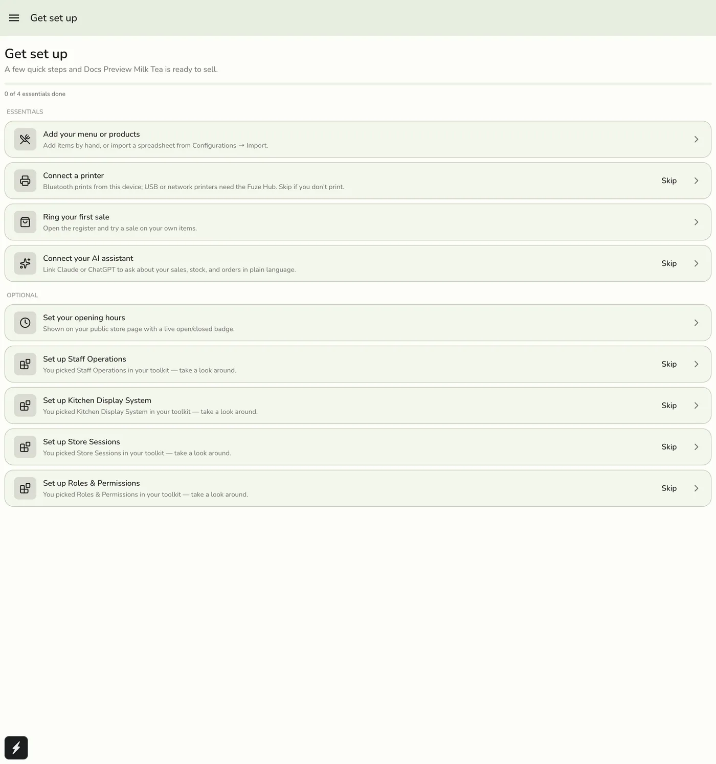 The Get set up checklist for a freshly created store, listing Essentials (menu, printer, first sale, AI assistant) and Optional steps (opening hours and add-on setup)