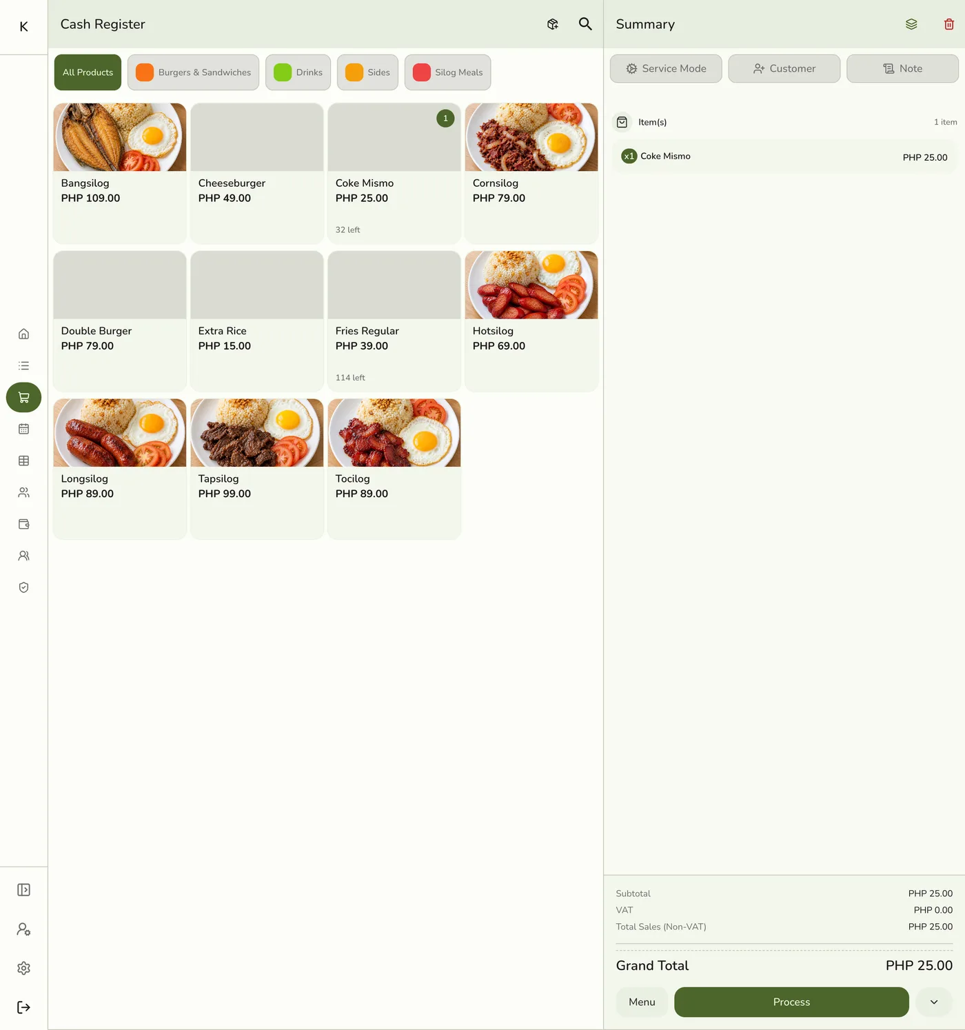 The POS register with items in the cart and a payment button