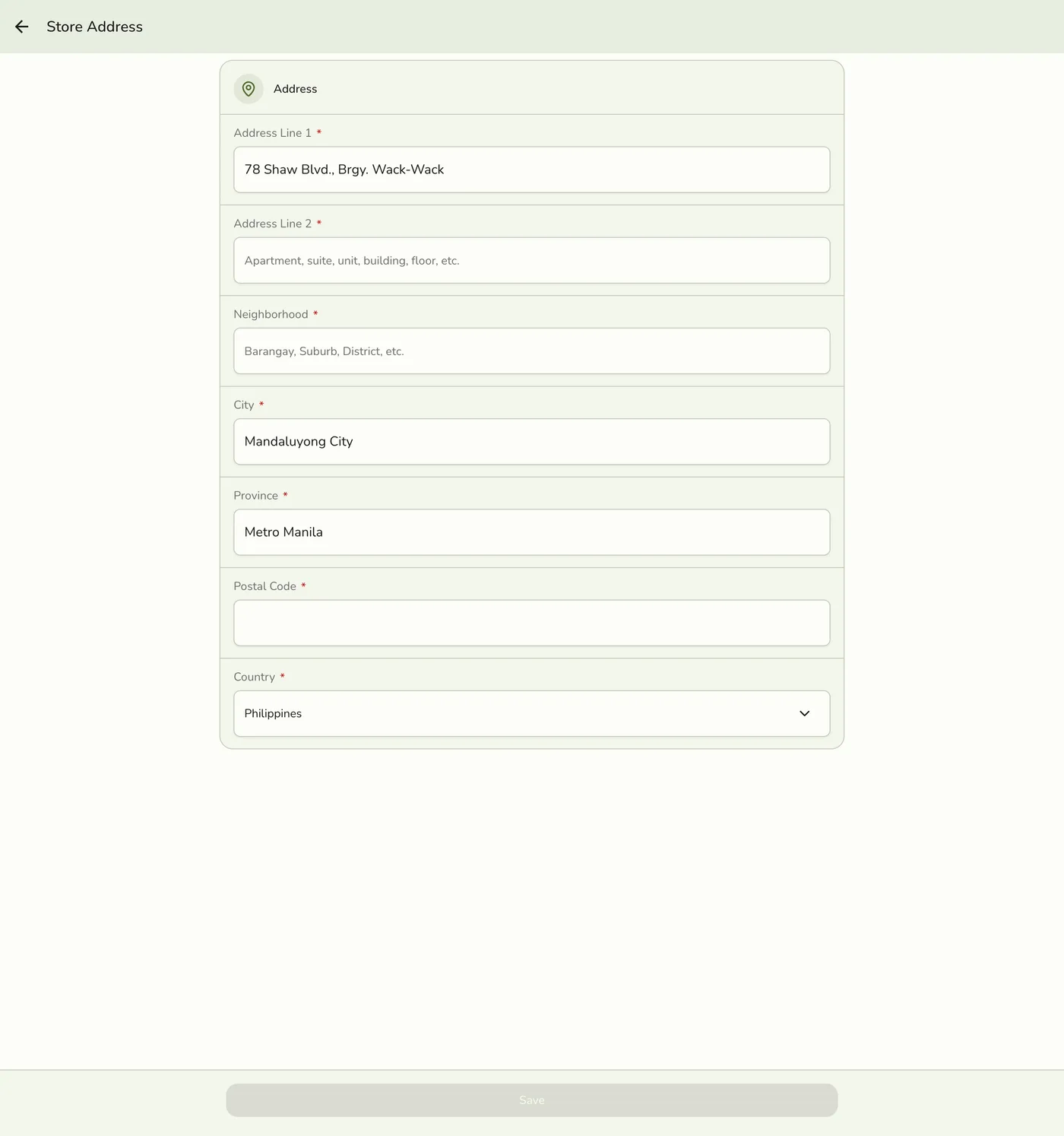 The Address form in Fuze Store, with Address Line 1, Address Line 2, Neighborhood, City, Province, Postal Code, and Country fields