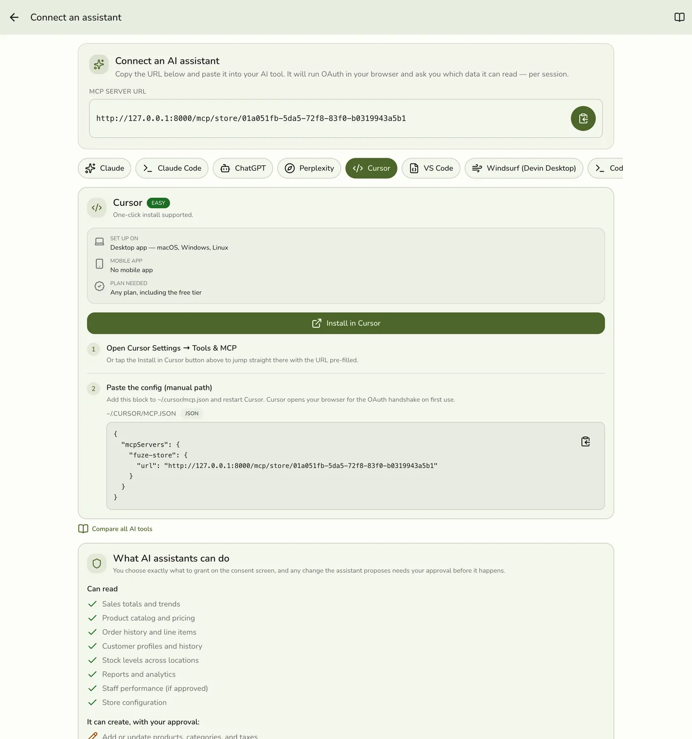 The Connect an assistant screen in Fuze Store on the Cursor tab, showing the MCP Server URL and copy button
