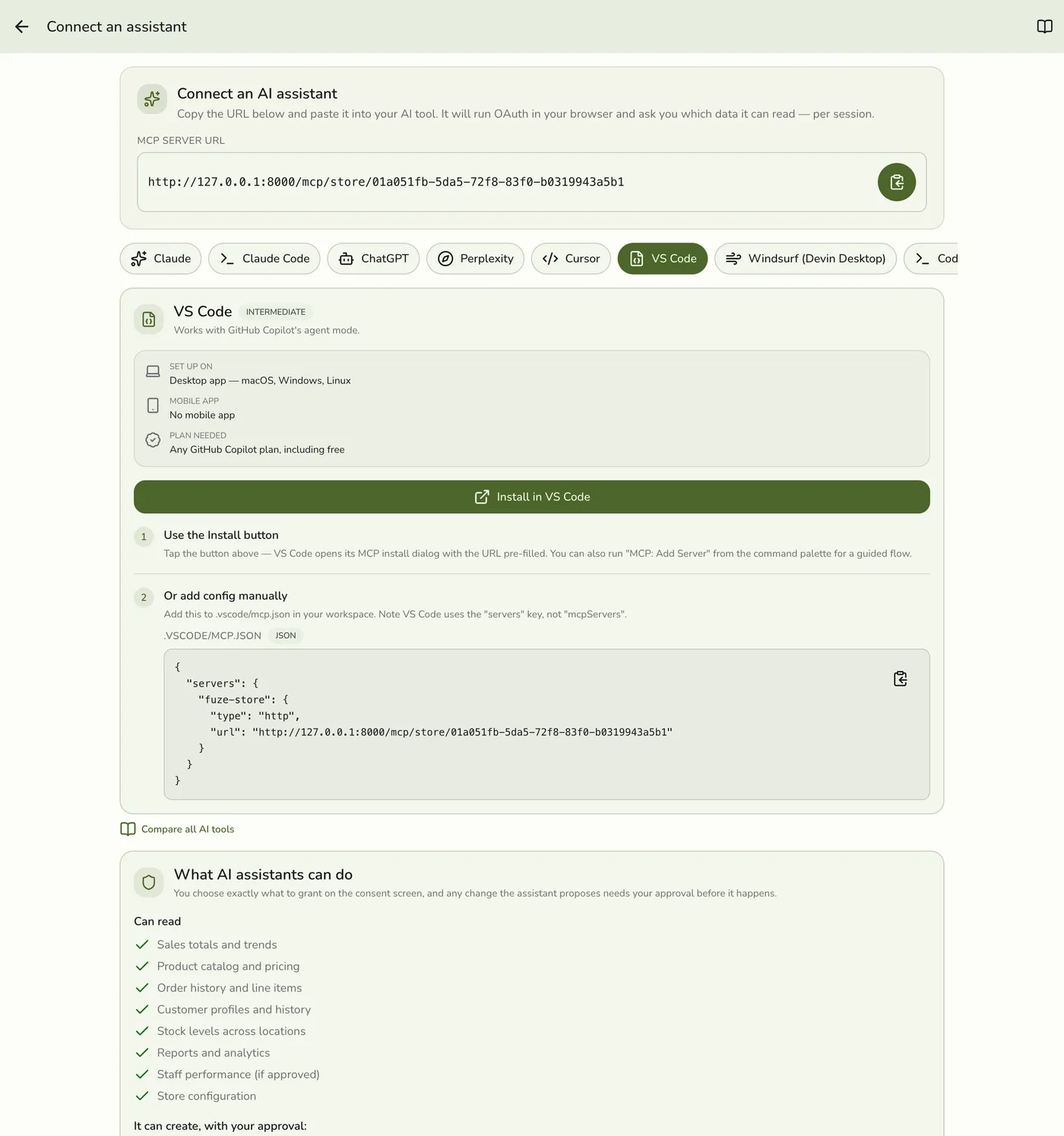 The Connect an assistant screen in Fuze Store on the VS Code tab, showing the MCP Server URL and copy button
