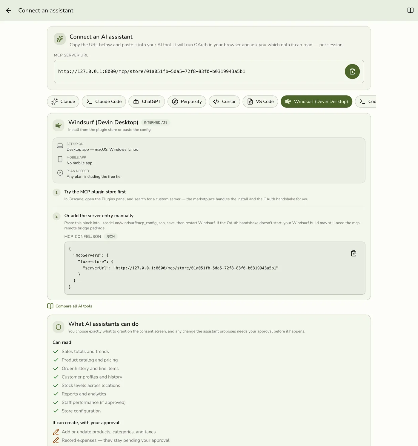 The Connect an assistant screen in Fuze Store on the Windsurf tab, showing the MCP Server URL and copy button