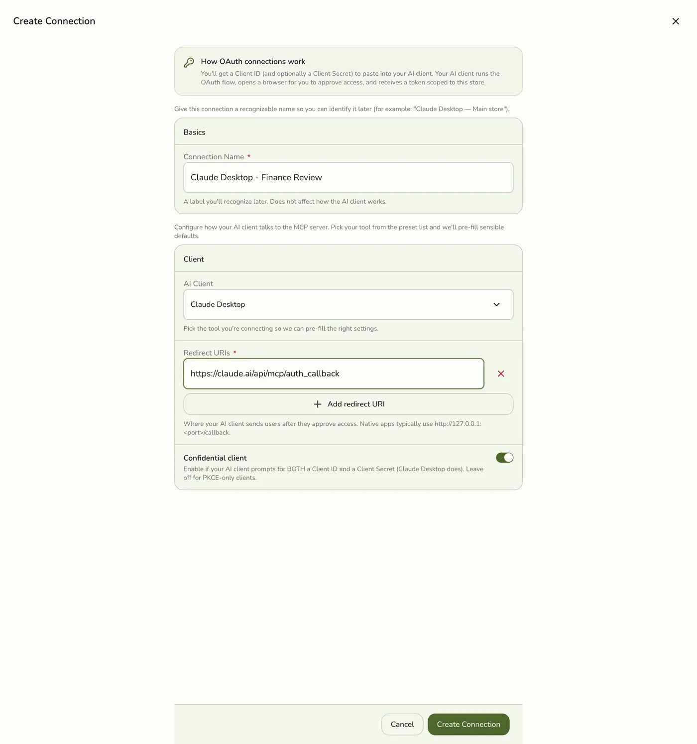 The Create Connection form in Fuze Store with Basics, Client, and Access sections for a new AI Connection