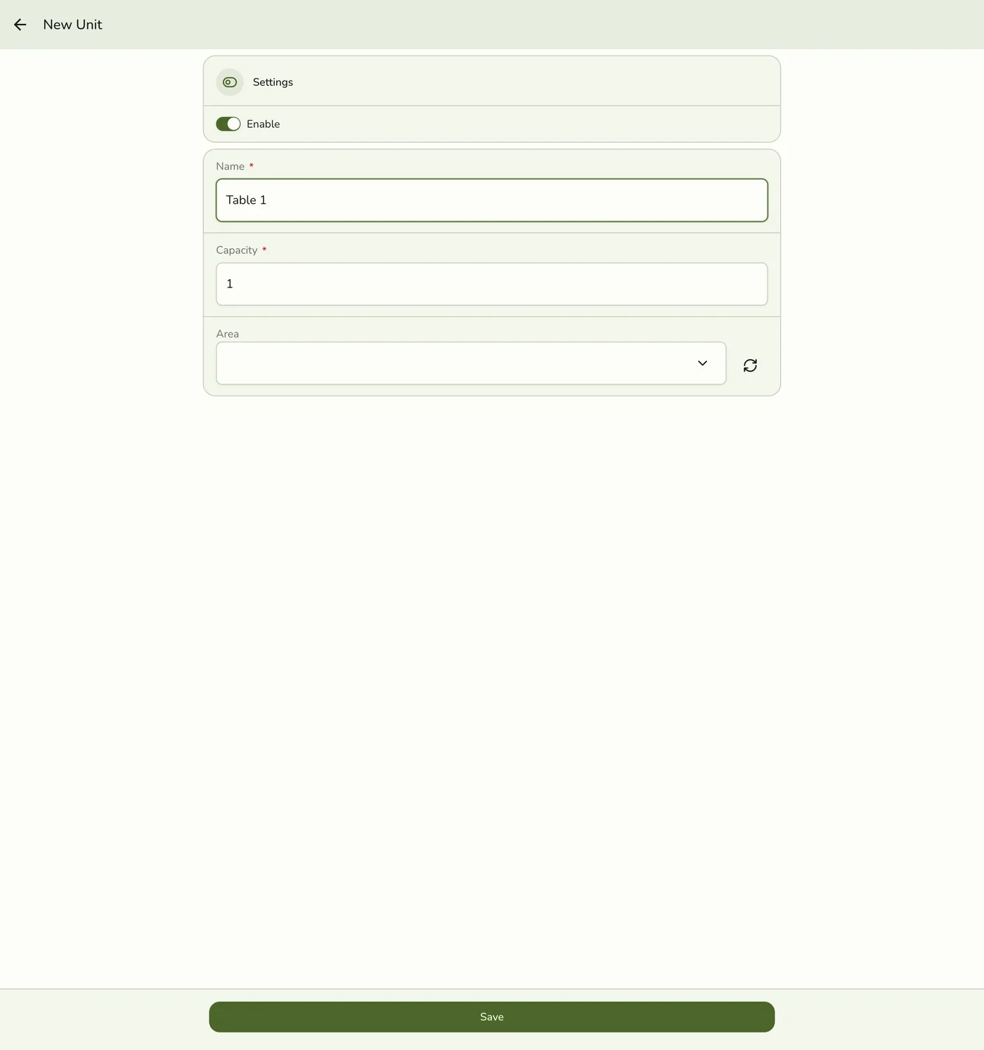 The New Unit form with Enable, Name, Capacity, and Area fields filled in