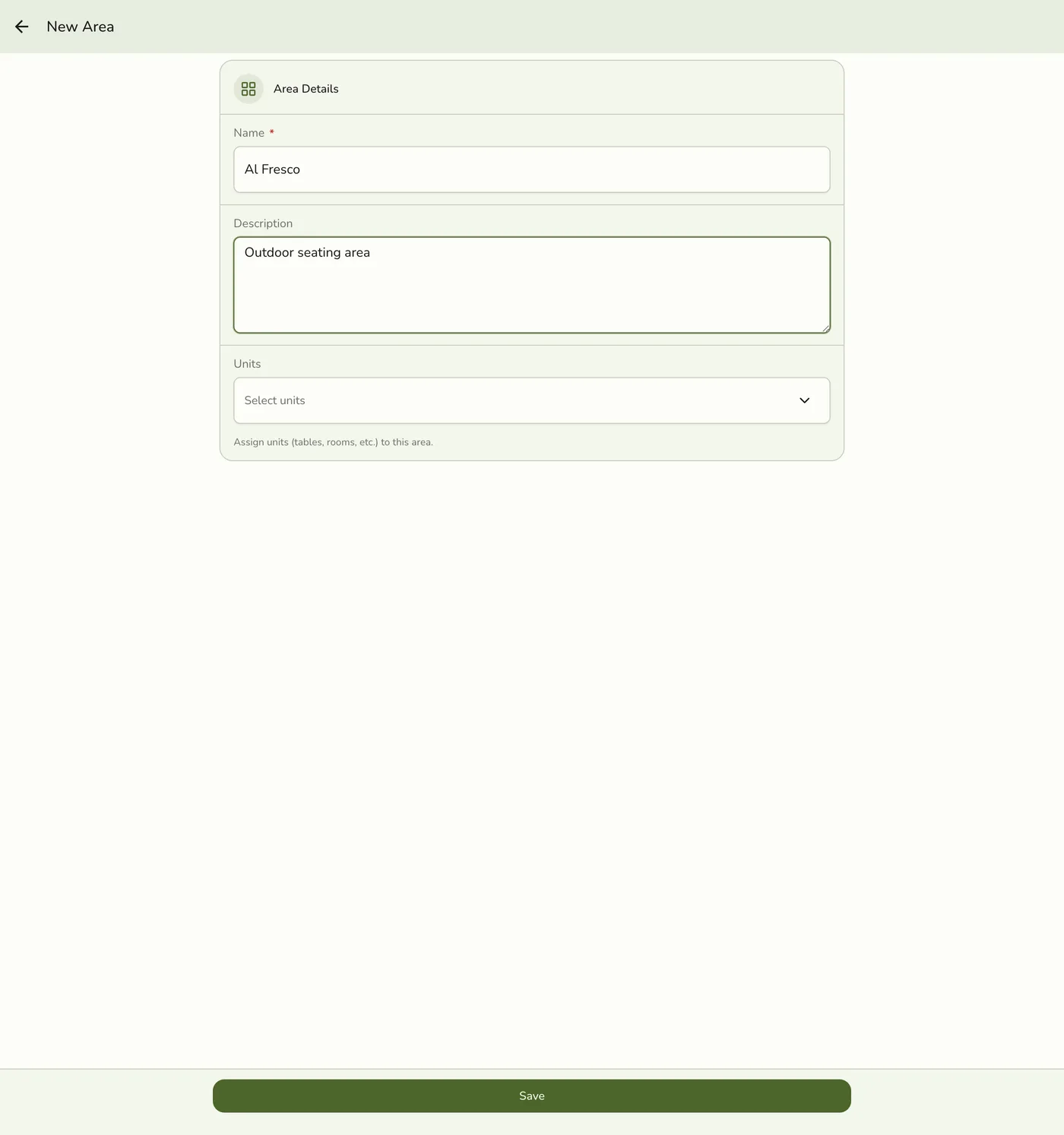 The New Area form with Name and Description filled in, and a Units picker to assign existing units