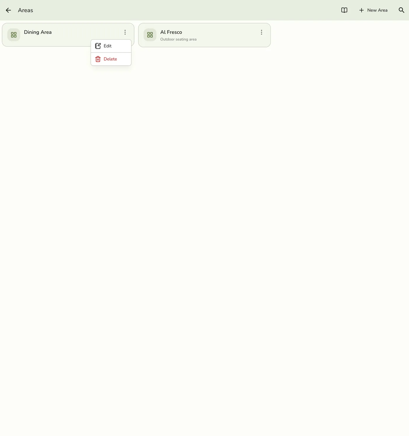 The Actions overflow menu open on an area card, showing Edit and Delete options