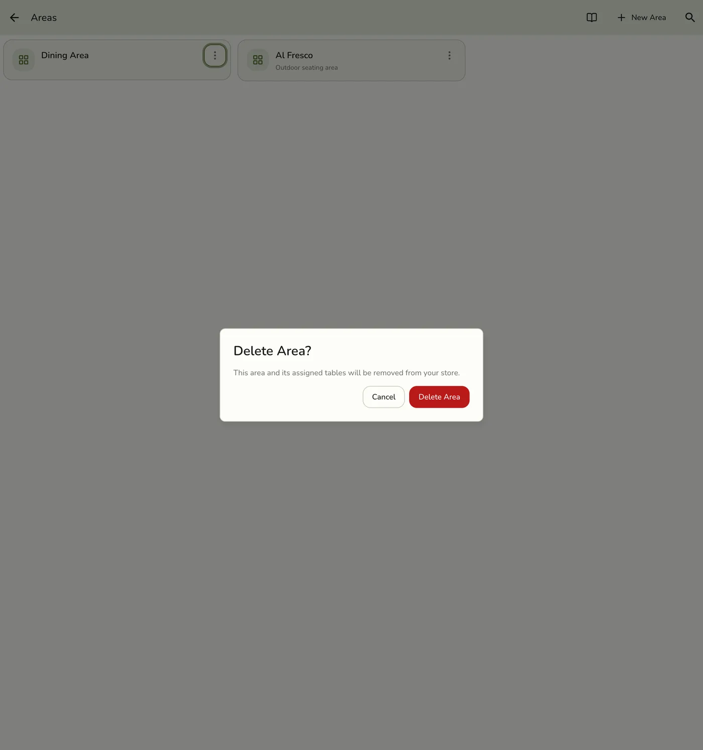 The Delete Area confirmation dialog, warning that the area and its assigned tables will be removed from your store