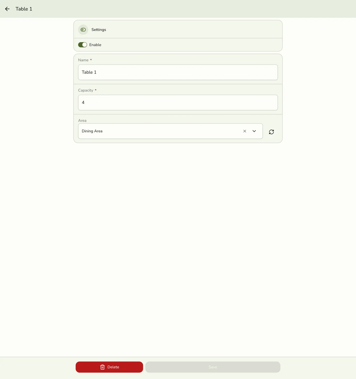 The edit Unit form showing the current Enable, Name, Capacity, and Area values