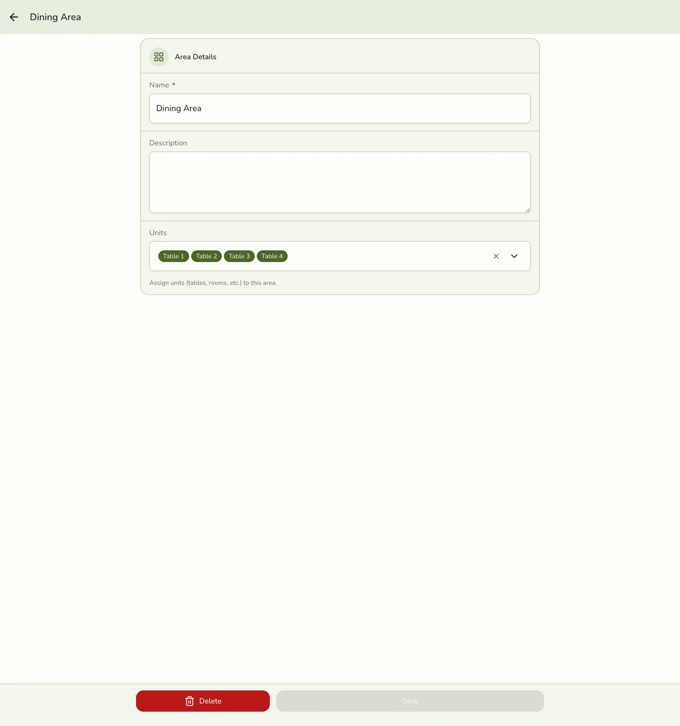 The edit Area form showing the current name, description, and assigned units, with a Delete button beside Save