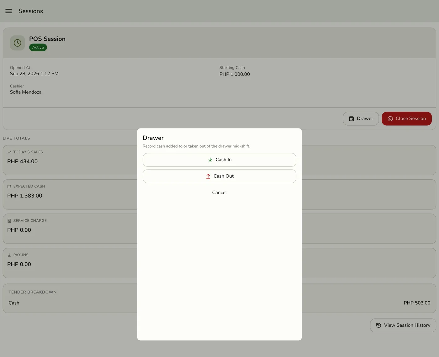 The Sessions screen showing the new movement and updated expected cash