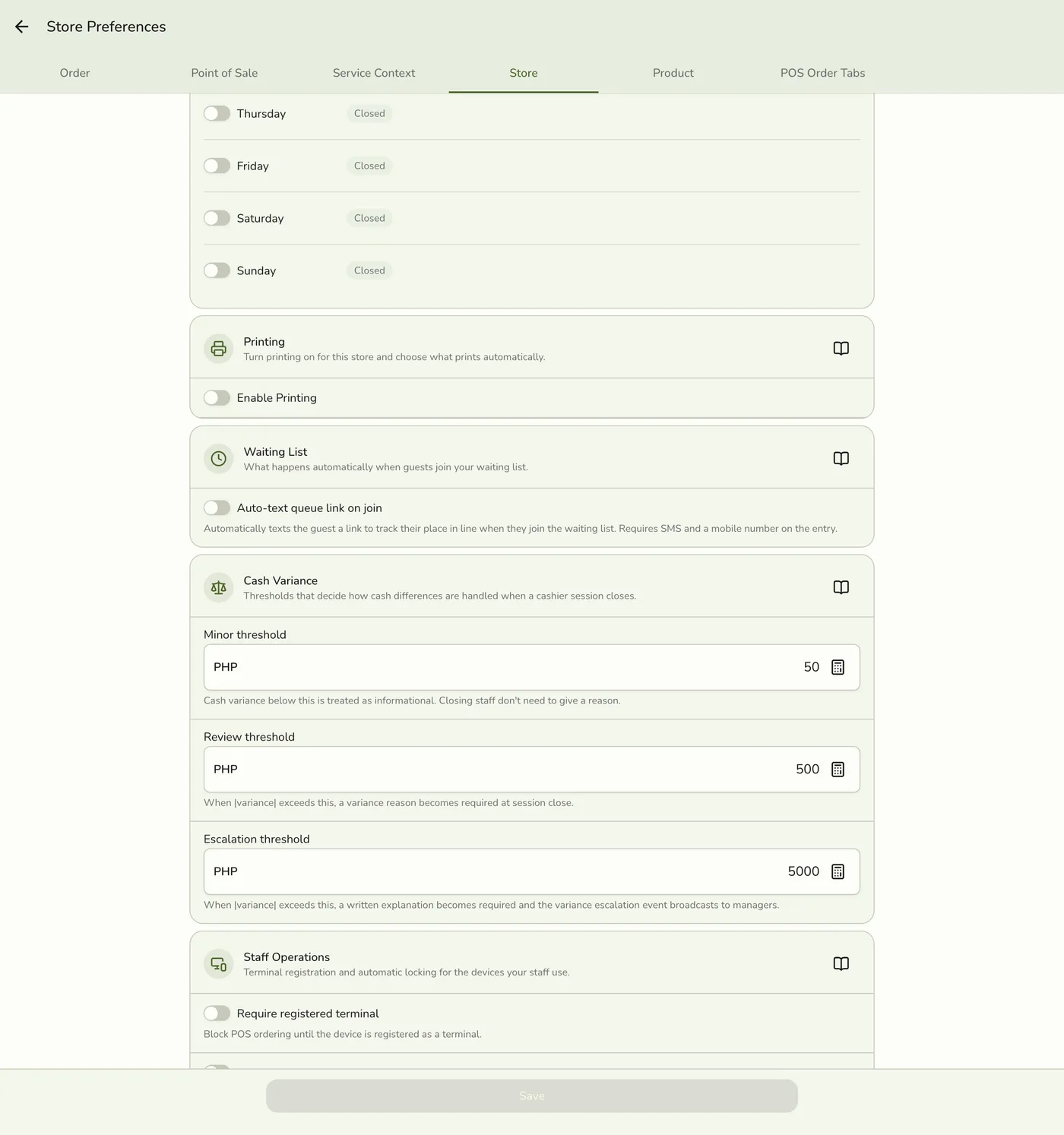 The Cash Variance card on the Preferences Policies tab, with Minor threshold (PHP 50), Review threshold (PHP 500), and Escalation threshold (PHP 5000) fields