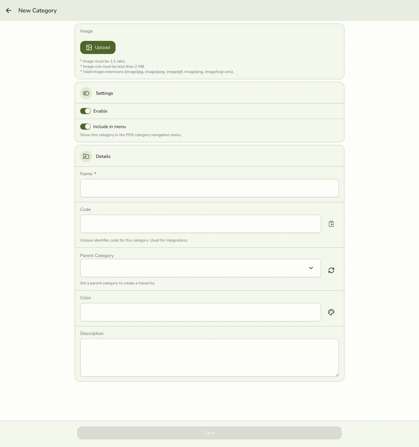 The new Category form in Fuze Store, empty and ready to fill in