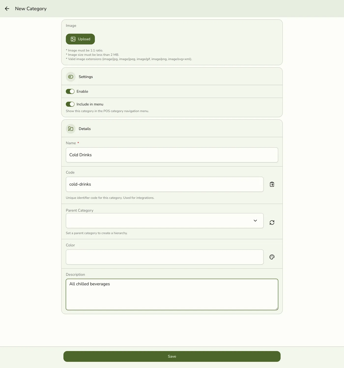 The New Category form with Name, Code, and Description filled in